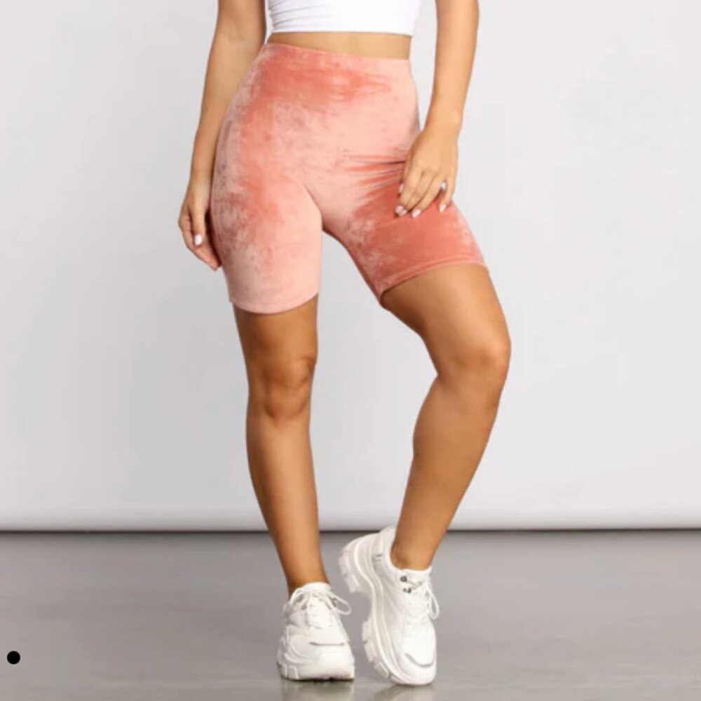 Velour Biker Shorts Coral Pink High Waist Size S or M - Picture 3 of 5